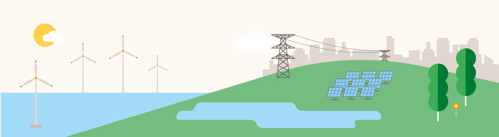 Ilustração de um parque eólico offshore, redes e uma usina fotovoltaica.